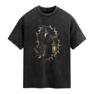Gothic Plague Doctor Horror Washed Cotton T-Shirt Spooky Medieval Dark Folklore