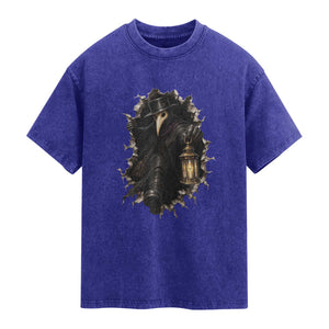 Gothic Plague Doctor Horror Washed Cotton T-Shirt Spooky Medieval Dark Folklore