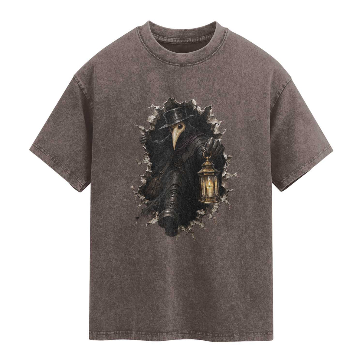 Gothic Plague Doctor Horror Washed Cotton T-Shirt Spooky Medieval Dark Folklore