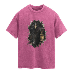 Gothic Plague Doctor Horror Washed Cotton T-Shirt Spooky Medieval Dark Folklore