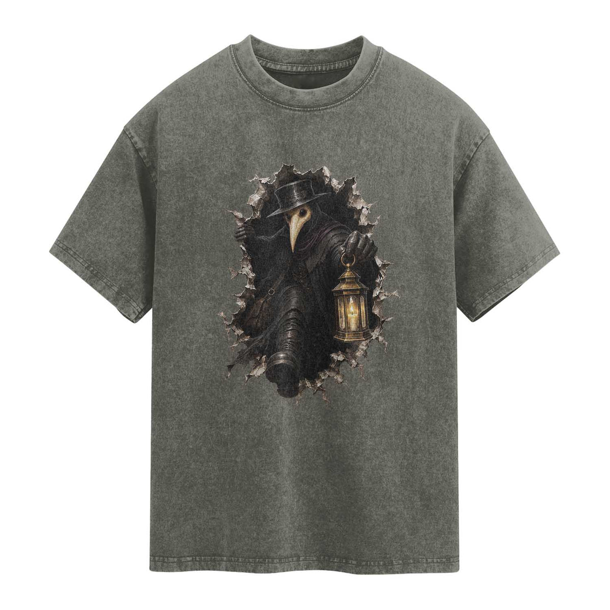 Gothic Plague Doctor Horror Washed Cotton T-Shirt Spooky Medieval Dark Folklore