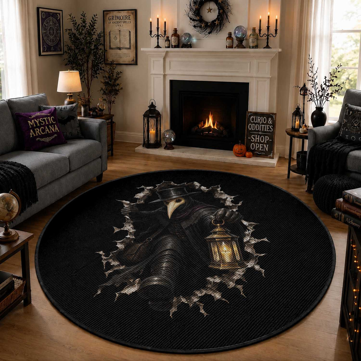 Gothic Plague Doctor Horror Round Rug Spooky Medieval Dark Folklore