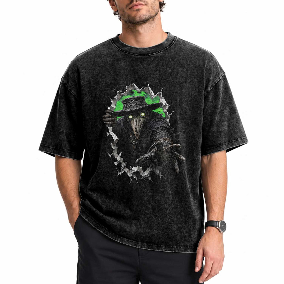Halloween Plague Doctor Washed Cotton T-Shirt Gothic Medieval History Gift