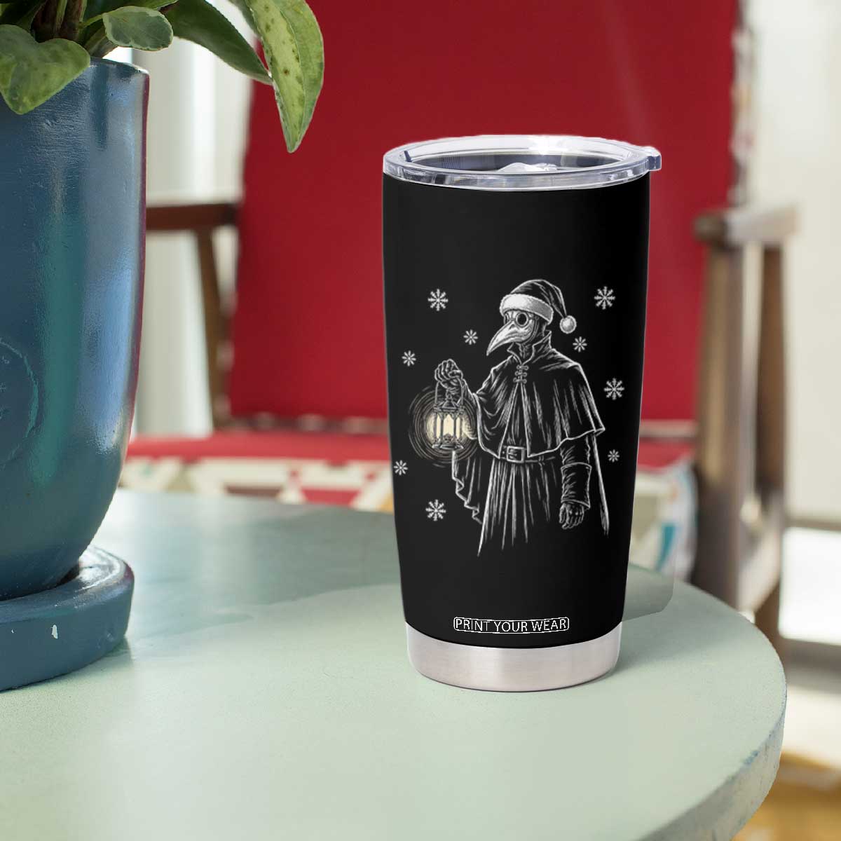 Grim Plague Doctor Santa Hat Christmas Tumbler Cup Dark Gothic Holiday Horror