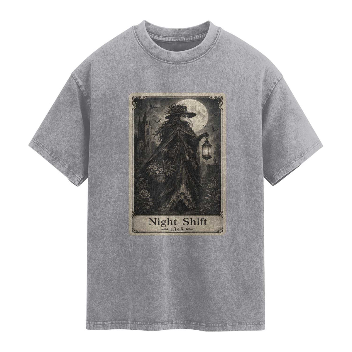 Gothic Plague Doctor Tarot Card Washed Cotton T-Shirt Medical Night Shift Dark Horror