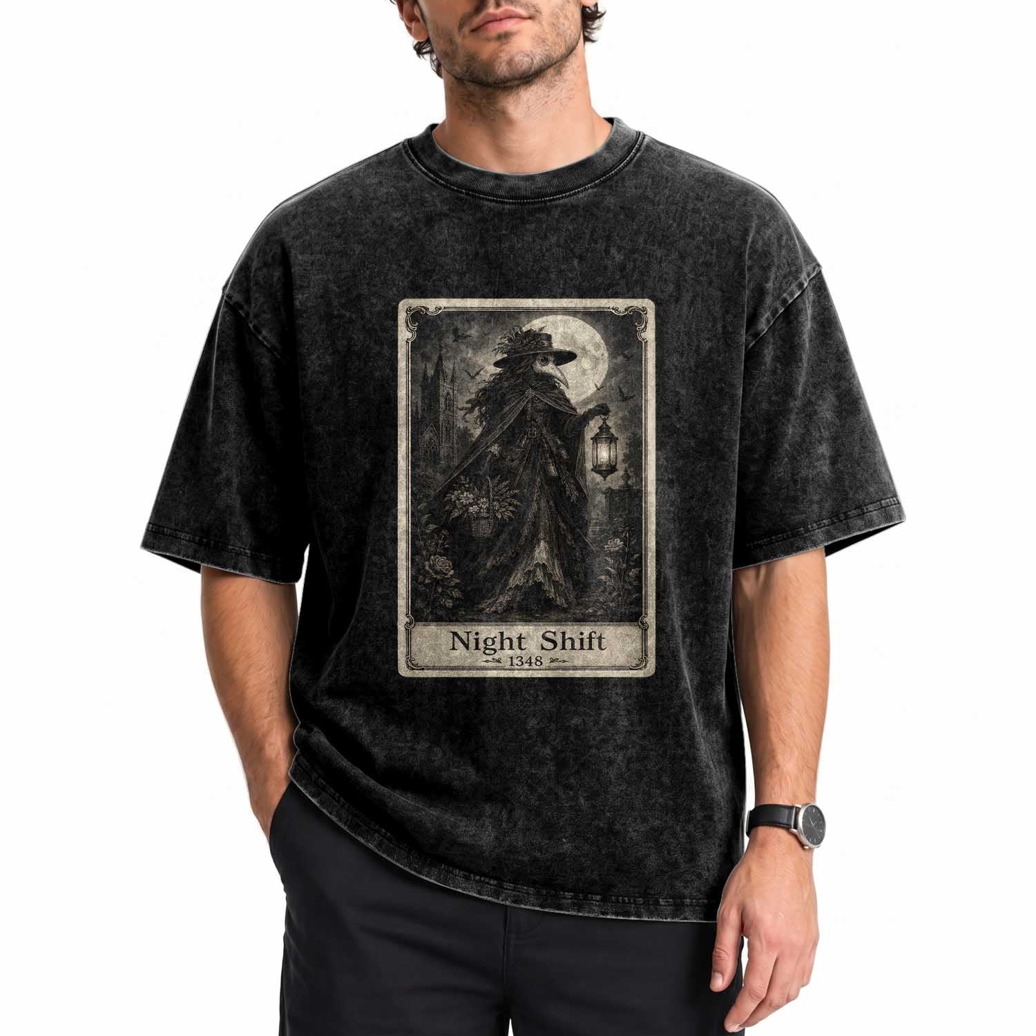 Gothic Plague Doctor Tarot Card Washed Cotton T-Shirt Medical Night Shift Dark Horror
