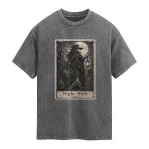 Gothic Plague Doctor Tarot Card Washed Cotton T-Shirt Medical Night Shift Dark Horror