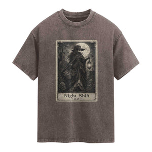 Gothic Plague Doctor Tarot Card Washed Cotton T-Shirt Medical Night Shift Dark Horror