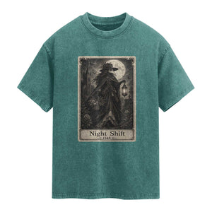 Gothic Plague Doctor Tarot Card Washed Cotton T-Shirt Medical Night Shift Dark Horror