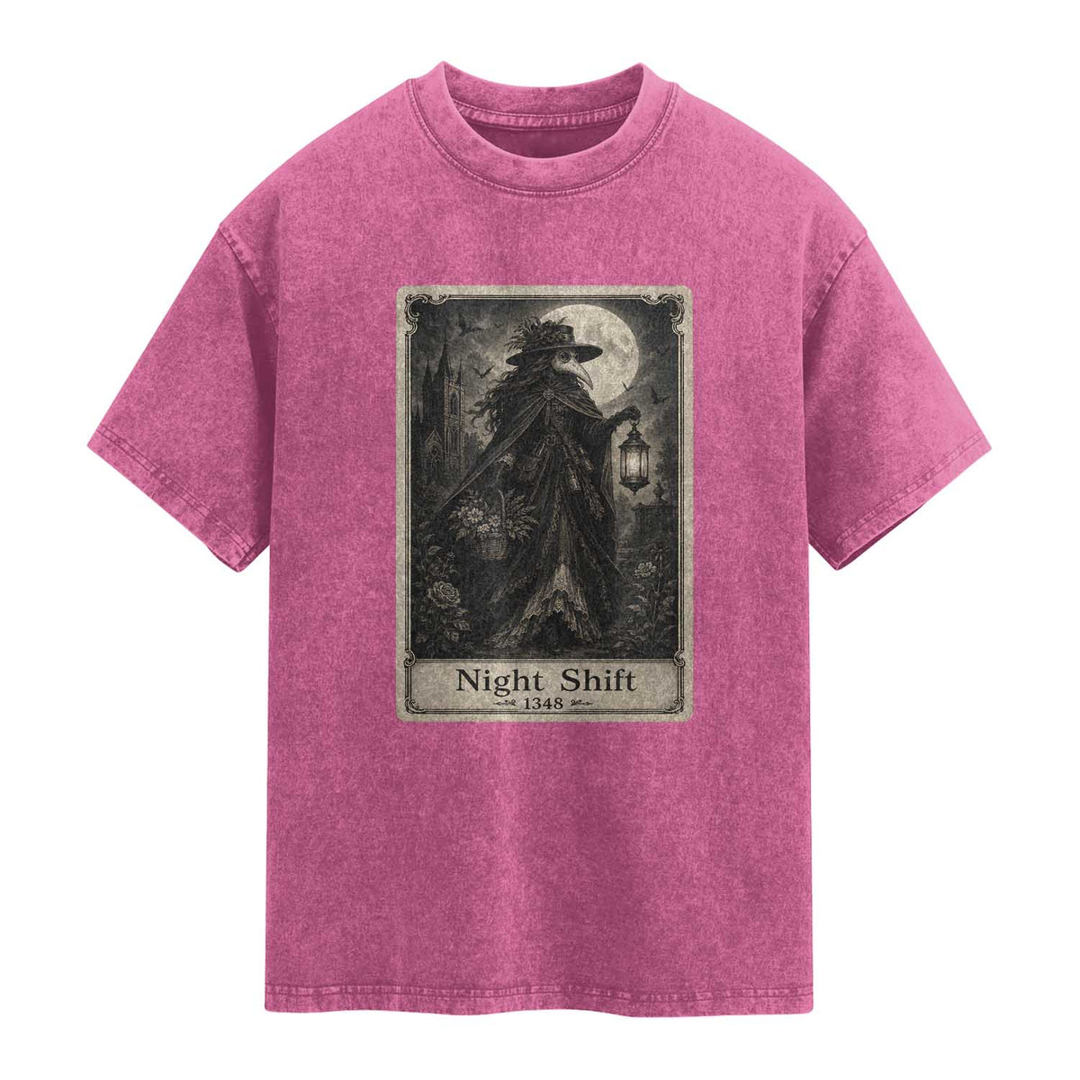 Gothic Plague Doctor Tarot Card Washed Cotton T-Shirt Medical Night Shift Dark Horror