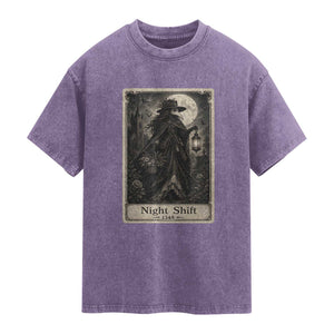 Gothic Plague Doctor Tarot Card Washed Cotton T-Shirt Medical Night Shift Dark Horror