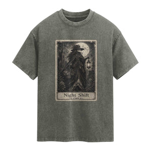 Gothic Plague Doctor Tarot Card Washed Cotton T-Shirt Medical Night Shift Dark Horror