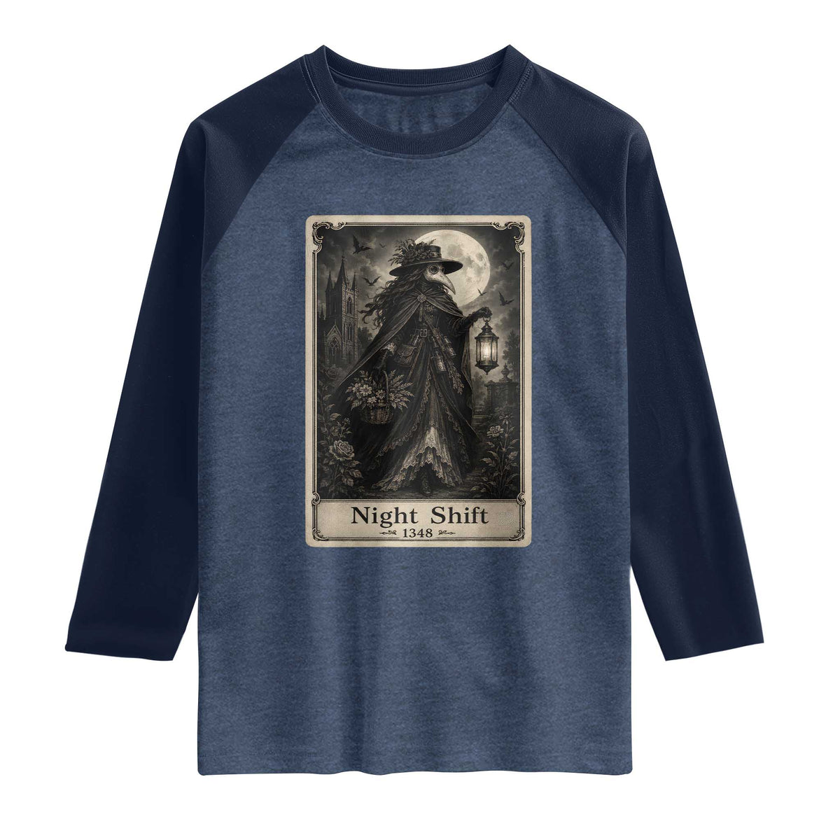 Gothic Plague Doctor Tarot Card Raglan Shirt Medical Night Shift Dark Horror