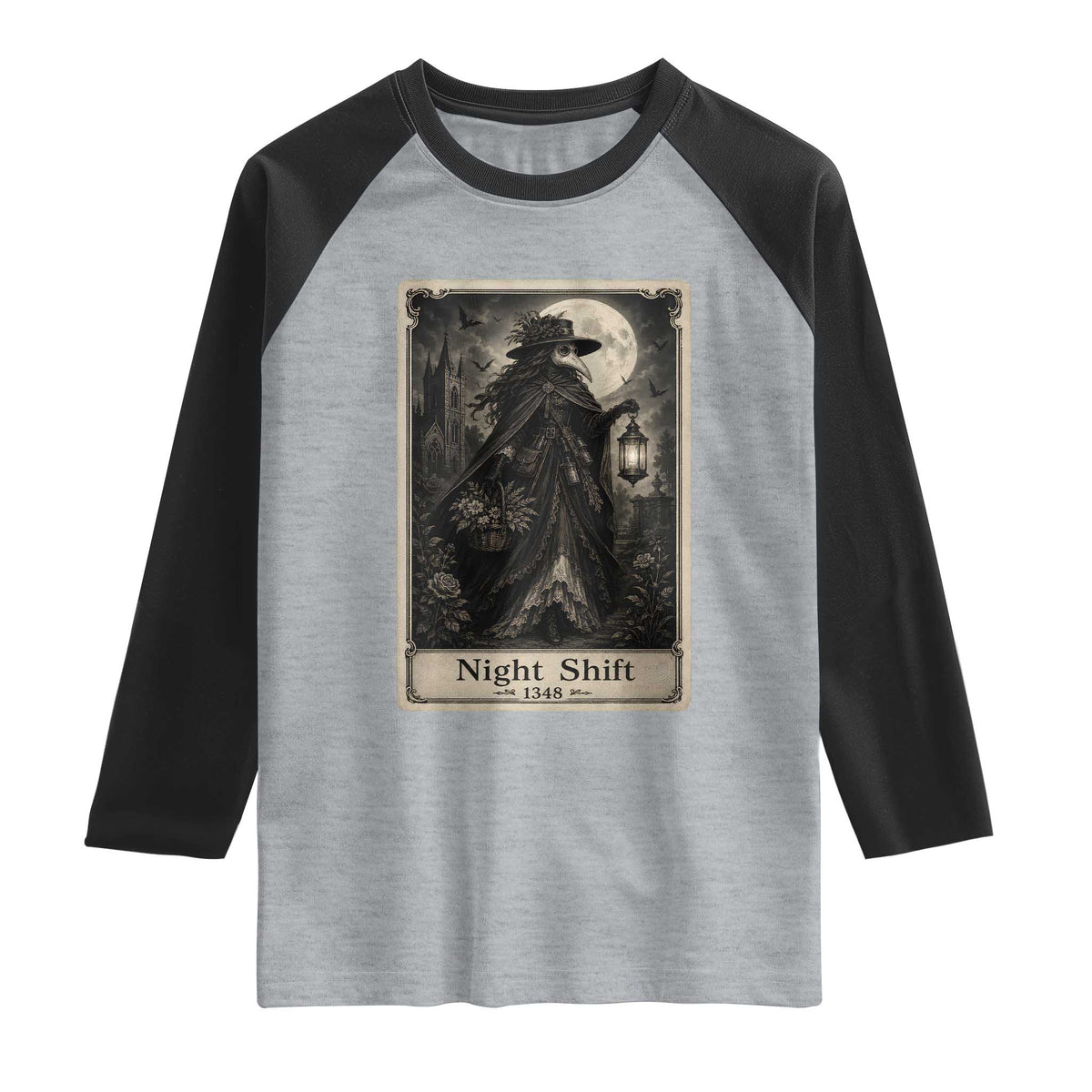Gothic Plague Doctor Tarot Card Raglan Shirt Medical Night Shift Dark Horror