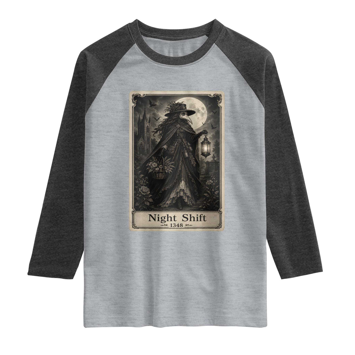 Gothic Plague Doctor Tarot Card Raglan Shirt Medical Night Shift Dark Horror