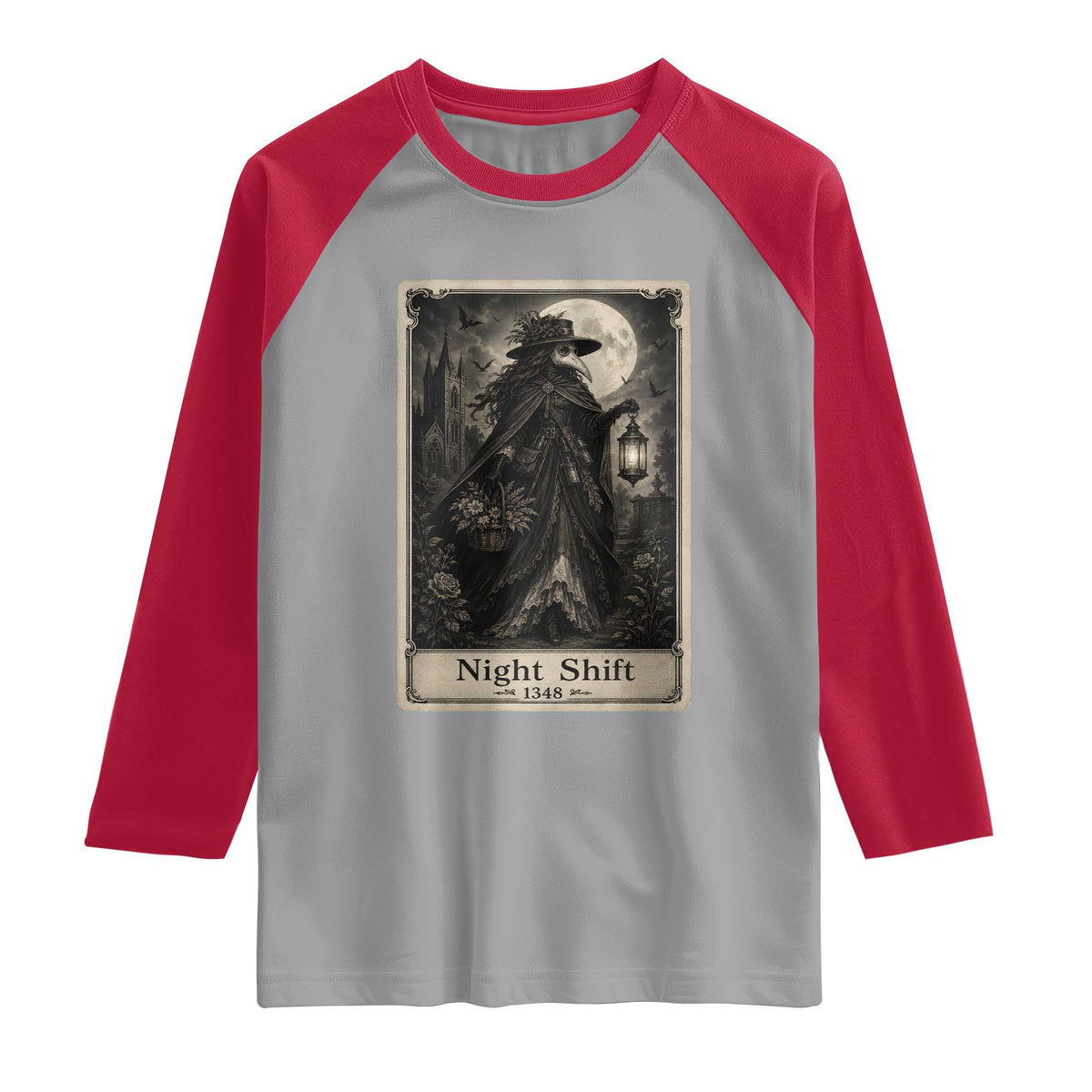 Gothic Plague Doctor Tarot Card Raglan Shirt Medical Night Shift Dark Horror