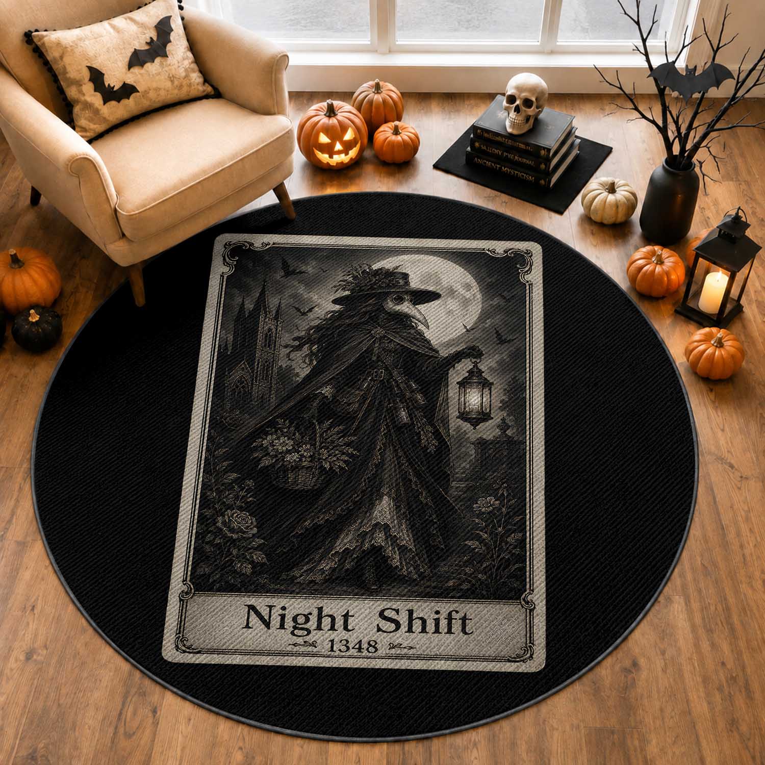 Gothic Plague Doctor Tarot Card Round Rug Medical Night Shift Dark Horror