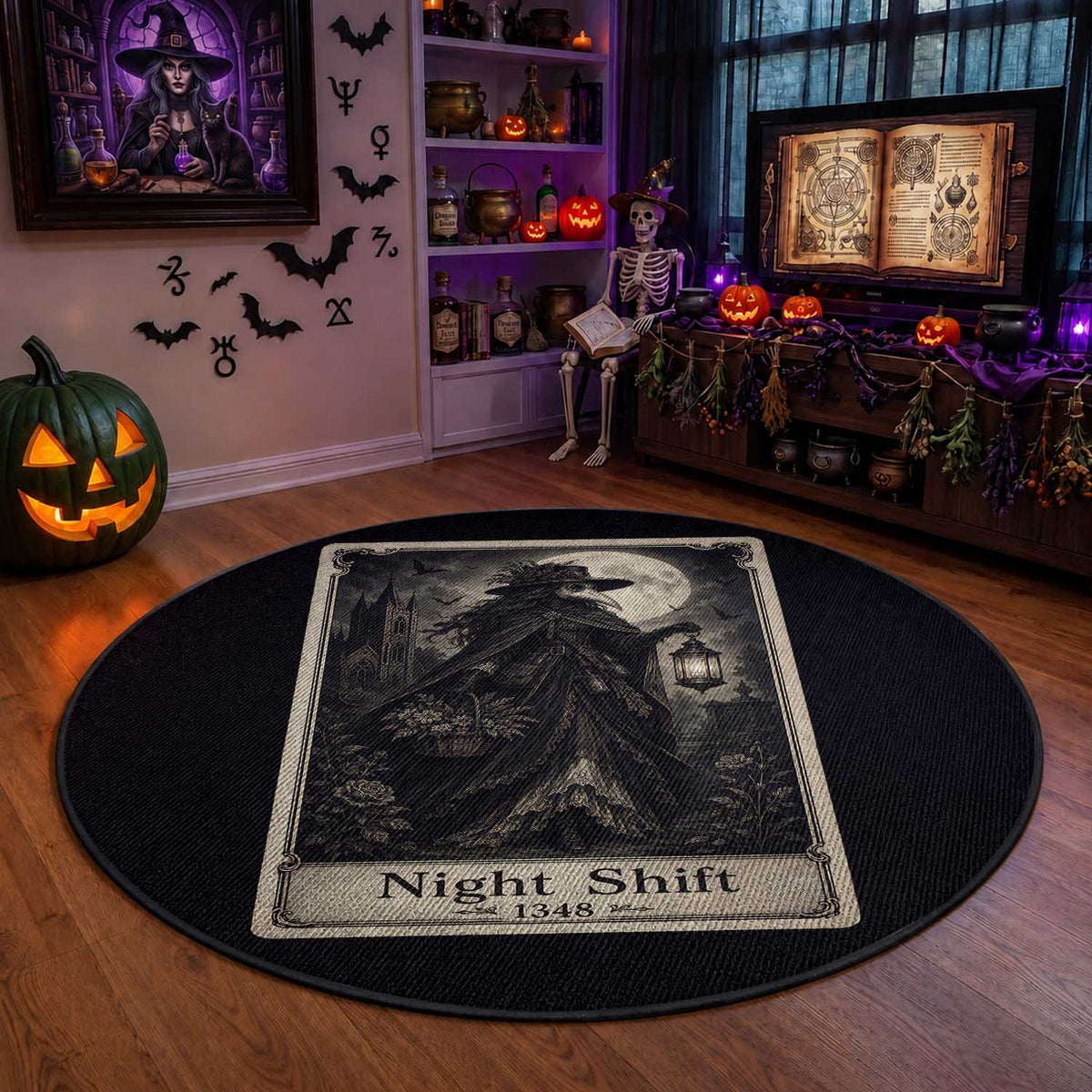 Gothic Plague Doctor Tarot Card Round Rug Medical Night Shift Dark Horror