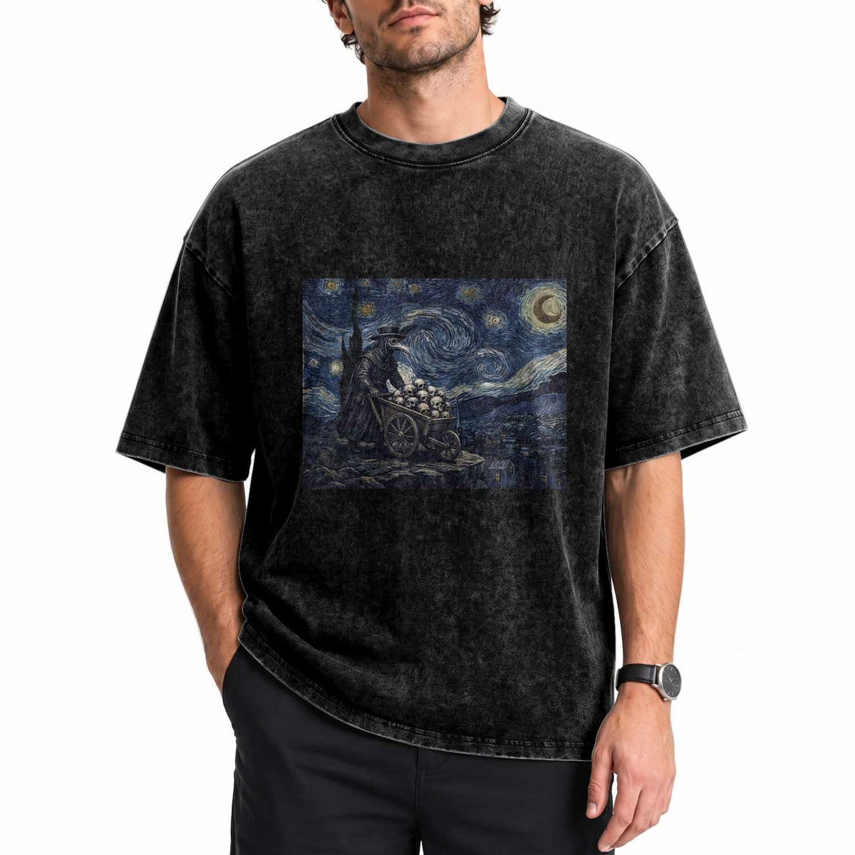 Gothic Plague Doctor Starry Night Inspired Washed Cotton T-Shirt Dark Parody Horror