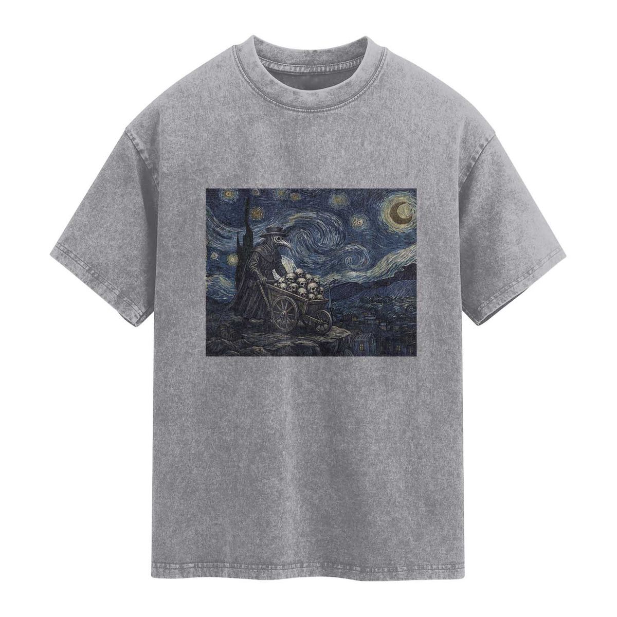 Gothic Plague Doctor Starry Night Inspired Washed Cotton T-Shirt Dark Parody Horror