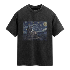 Gothic Plague Doctor Starry Night Inspired Washed Cotton T-Shirt Dark Parody Horror