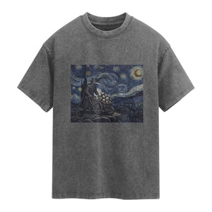 Gothic Plague Doctor Starry Night Inspired Washed Cotton T-Shirt Dark Parody Horror