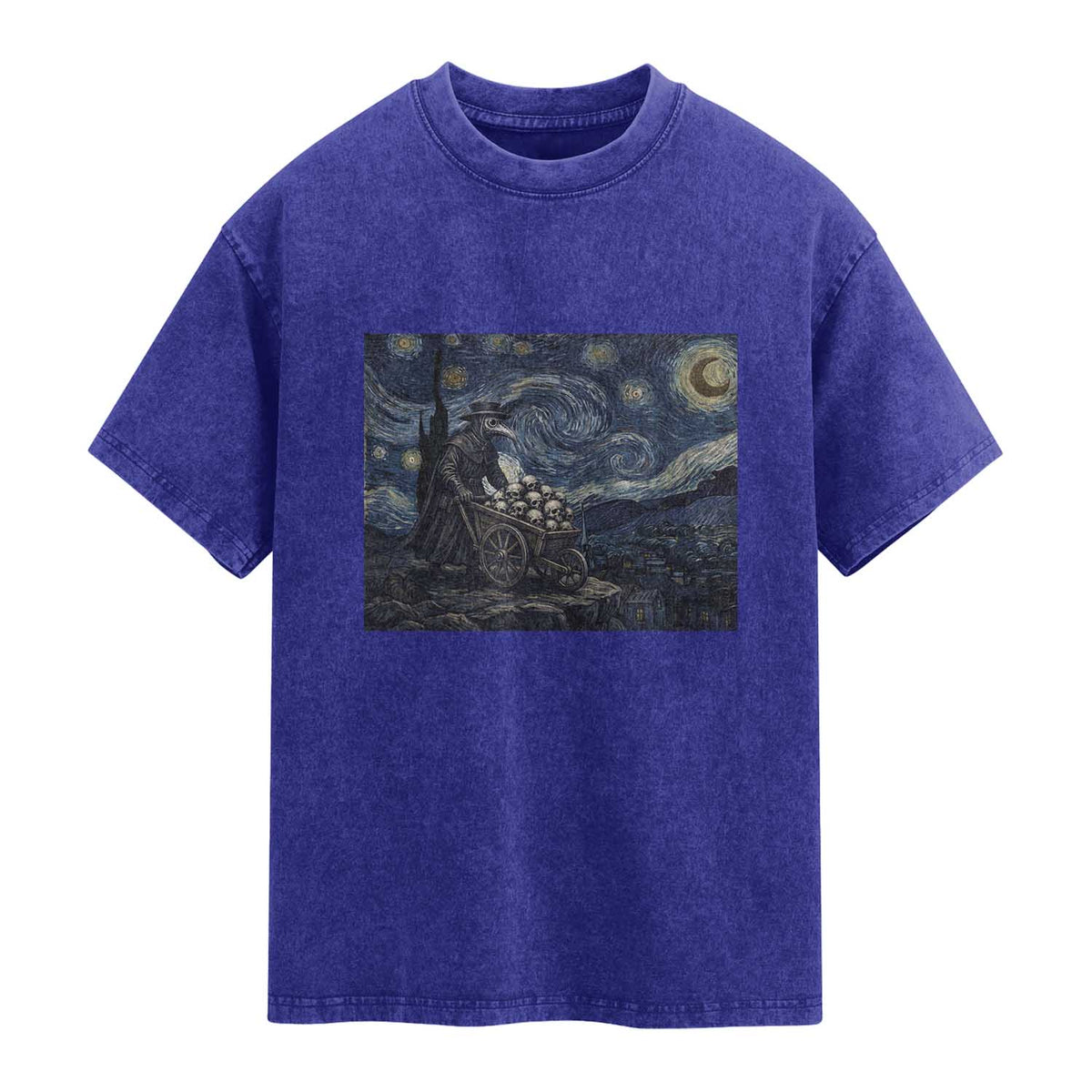 Gothic Plague Doctor Starry Night Inspired Washed Cotton T-Shirt Dark Parody Horror