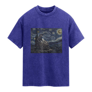 Gothic Plague Doctor Starry Night Inspired Washed Cotton T-Shirt Dark Parody Horror