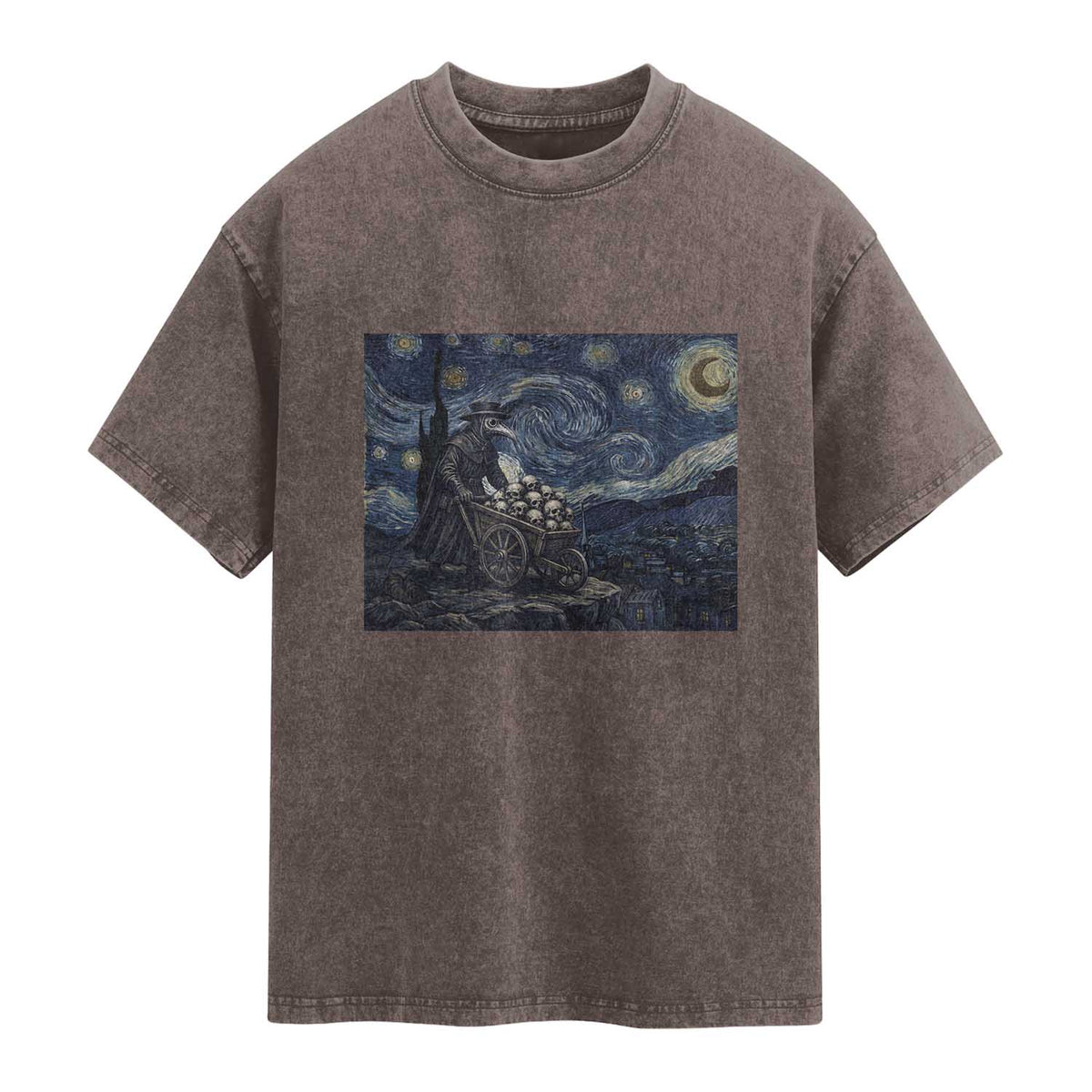 Gothic Plague Doctor Starry Night Inspired Washed Cotton T-Shirt Dark Parody Horror