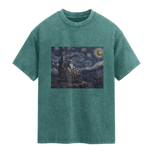 Gothic Plague Doctor Starry Night Inspired Washed Cotton T-Shirt Dark Parody Horror