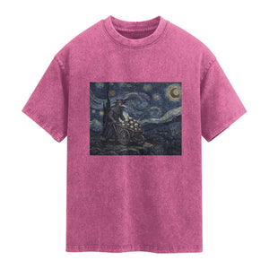 Gothic Plague Doctor Starry Night Inspired Washed Cotton T-Shirt Dark Parody Horror
