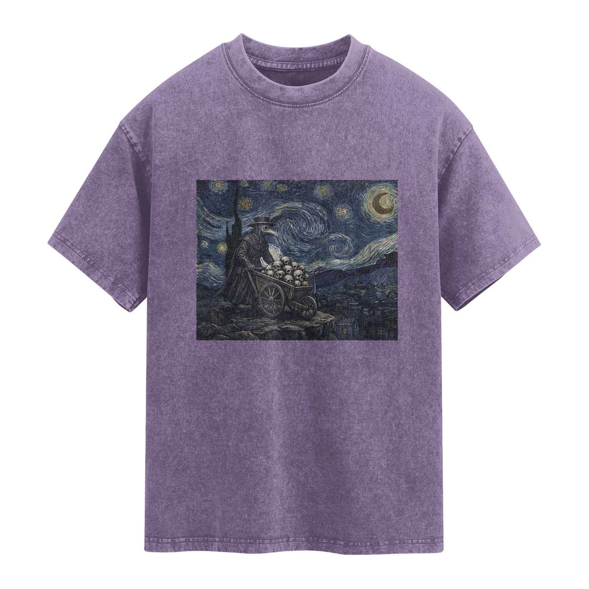 Gothic Plague Doctor Starry Night Inspired Washed Cotton T-Shirt Dark Parody Horror