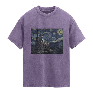 Gothic Plague Doctor Starry Night Inspired Washed Cotton T-Shirt Dark Parody Horror