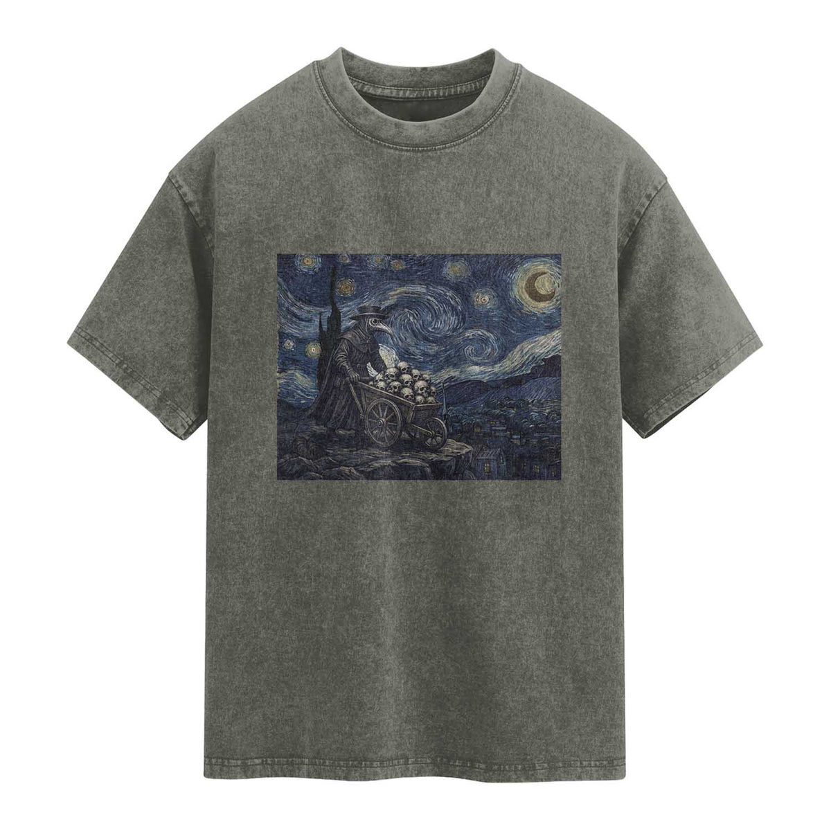 Gothic Plague Doctor Starry Night Inspired Washed Cotton T-Shirt Dark Parody Horror