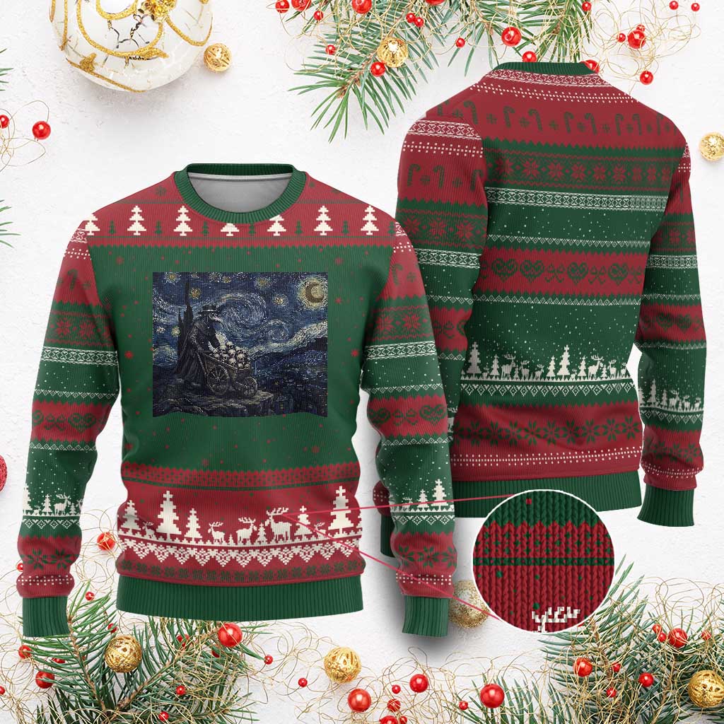 Gothic Plague Doctor Starry Night Inspired Ugly Christmas Sweater Dark Parody Horror