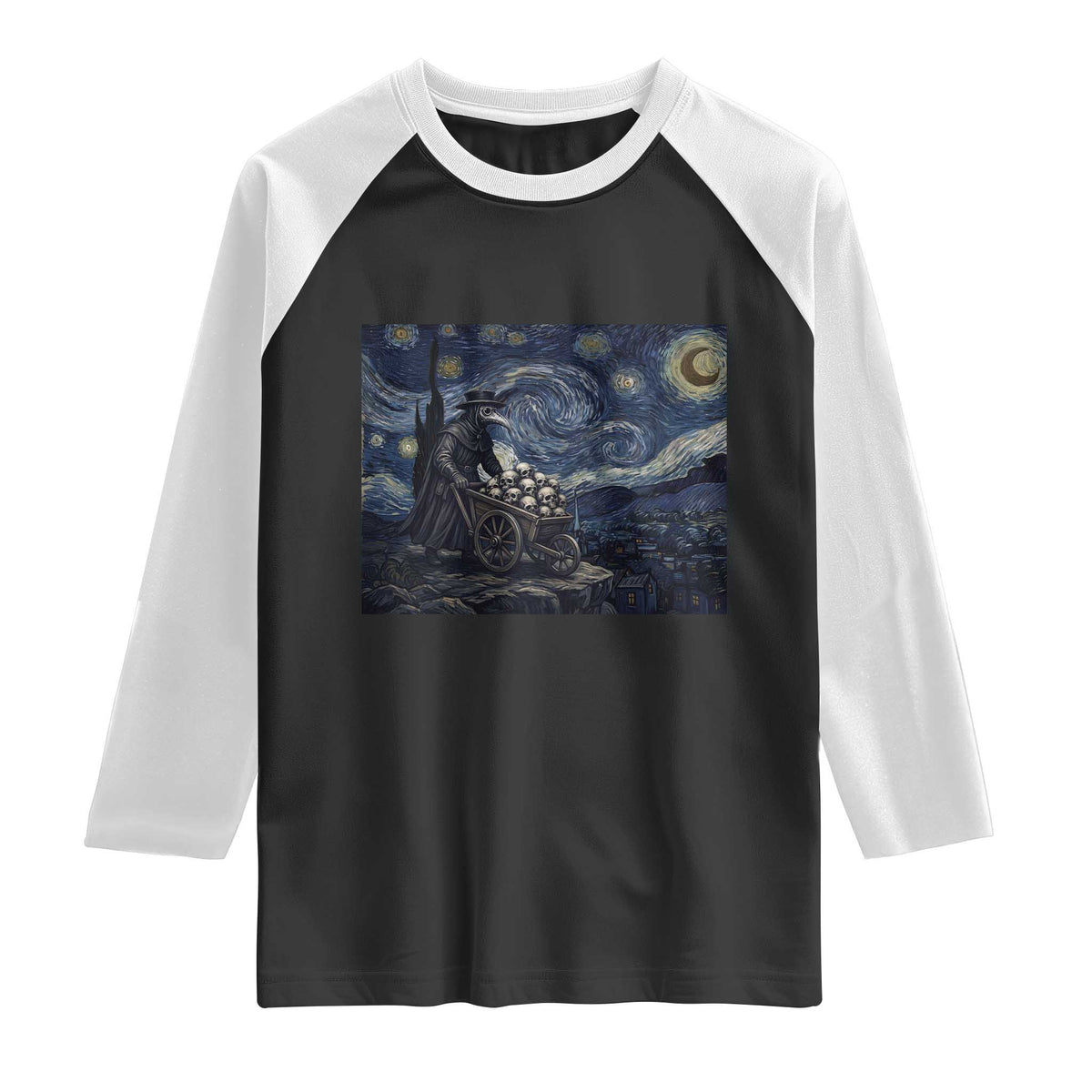 Gothic Plague Doctor Starry Night Inspired Raglan Shirt Dark Parody Horror