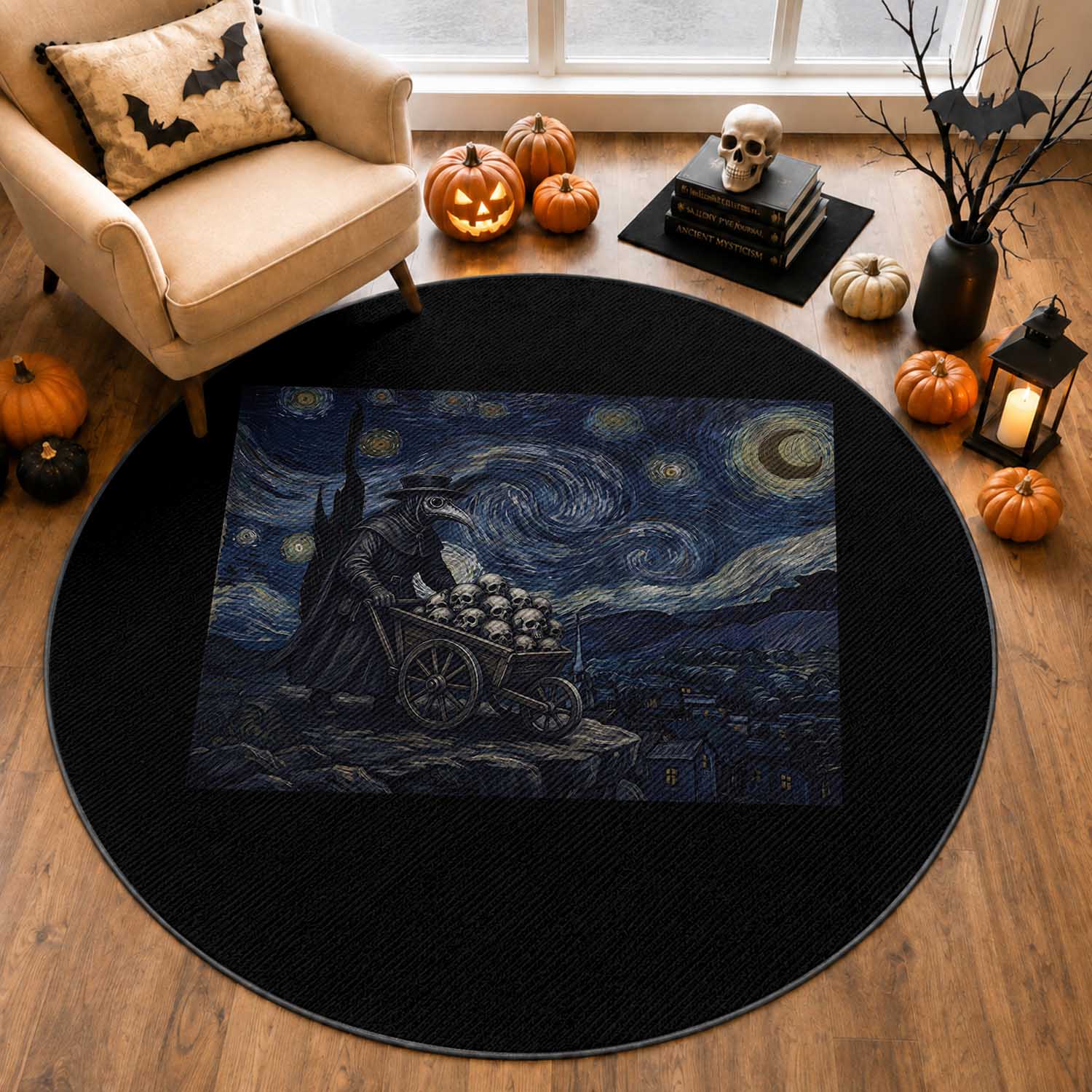 Gothic Plague Doctor Starry Night Inspired Round Rug Dark Parody Horror