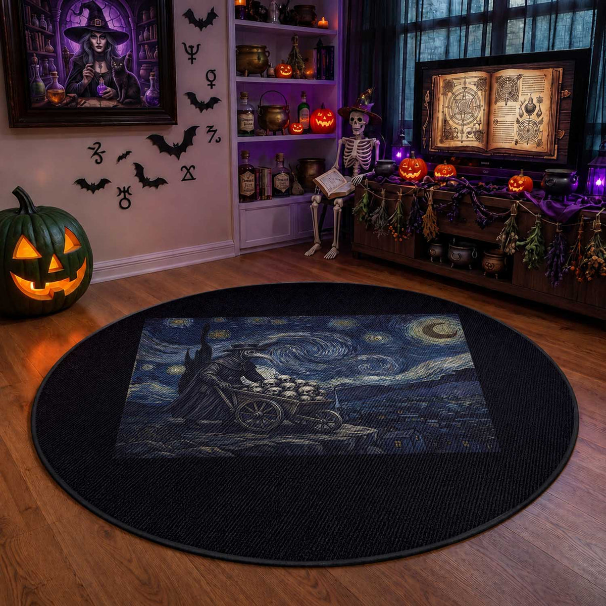 Gothic Plague Doctor Starry Night Inspired Round Rug Dark Parody Horror