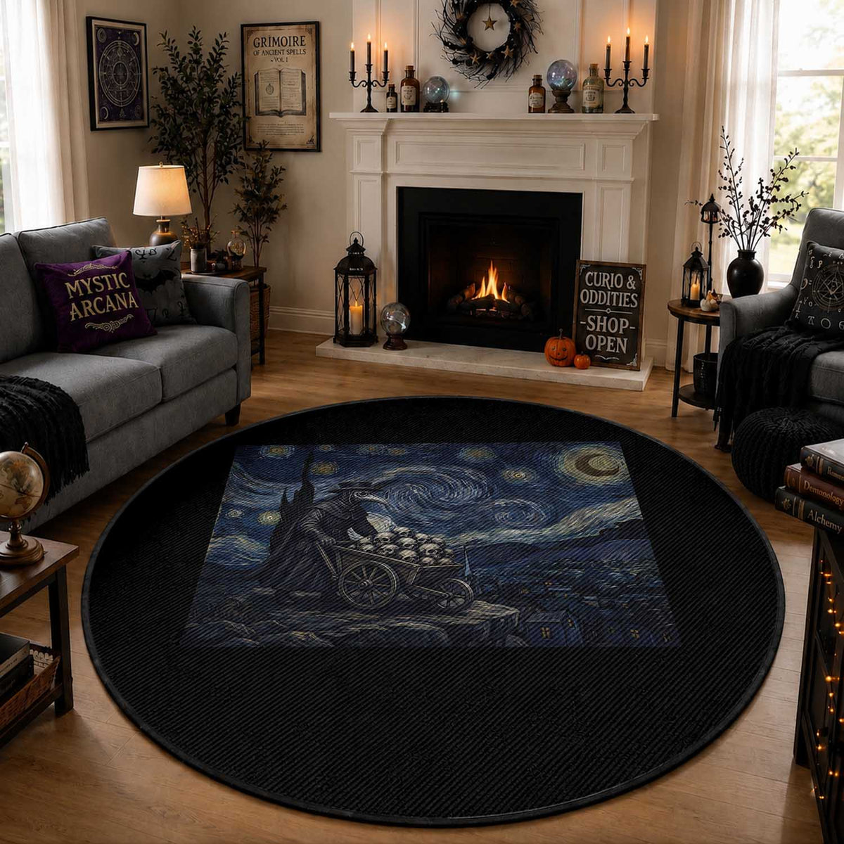 Gothic Plague Doctor Starry Night Inspired Round Rug Dark Parody Horror