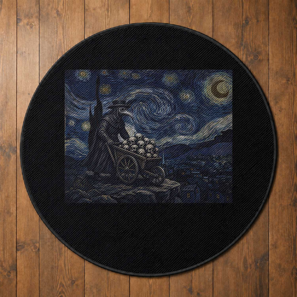 Gothic Plague Doctor Starry Night Inspired Round Rug Dark Parody Horror