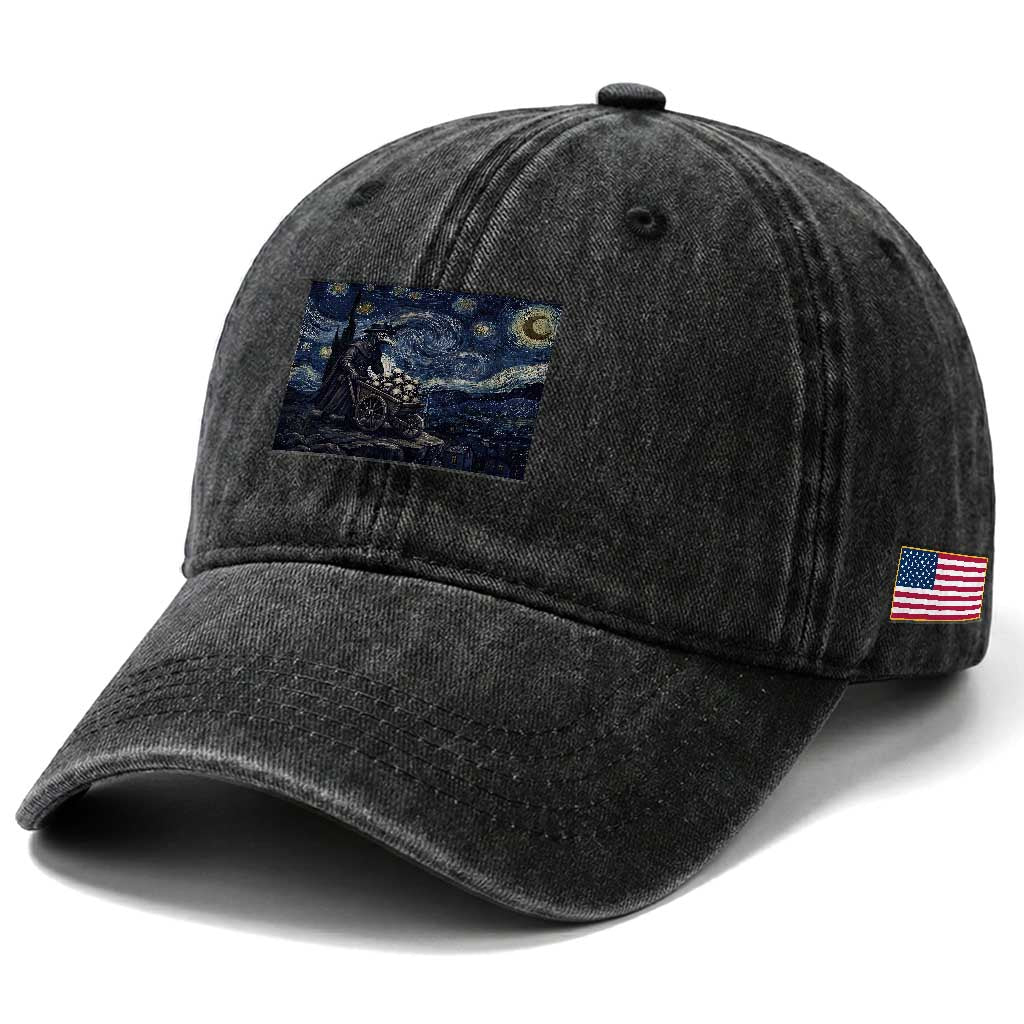 Gothic Plague Doctor Starry Night Inspired Washed Cotton Baseball Cap Dark Parody Horror