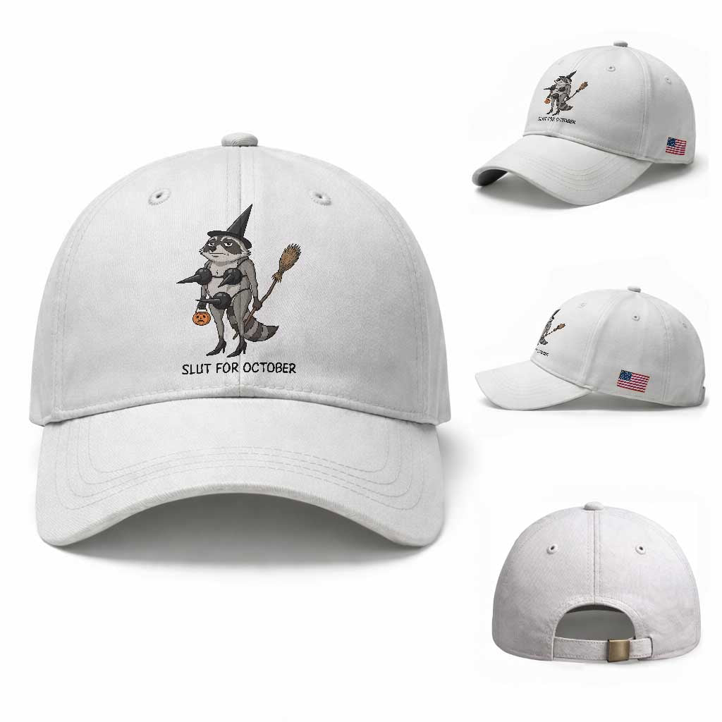 Funny Trashy Raccoon Witch Halloween Baseball Cap Slut For October