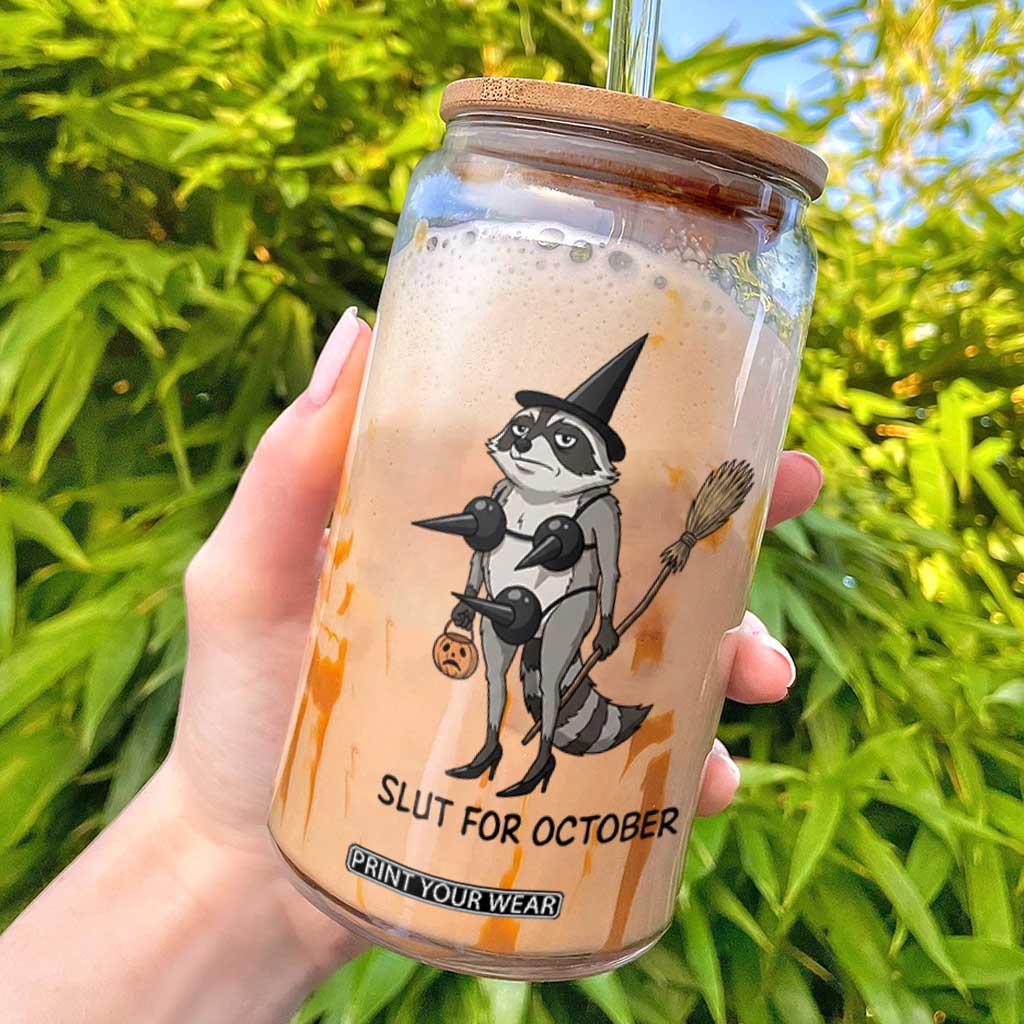 Funny Trashy Raccoon Witch Halloween Glass Can Slut For October