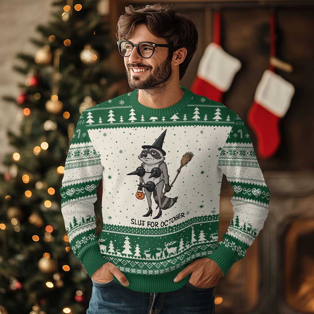 Funny Trashy Raccoon Witch Halloween Ugly Christmas Sweater Slut For October