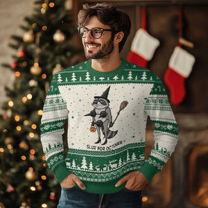 Funny Trashy Raccoon Witch Halloween Ugly Christmas Sweater Slut For October