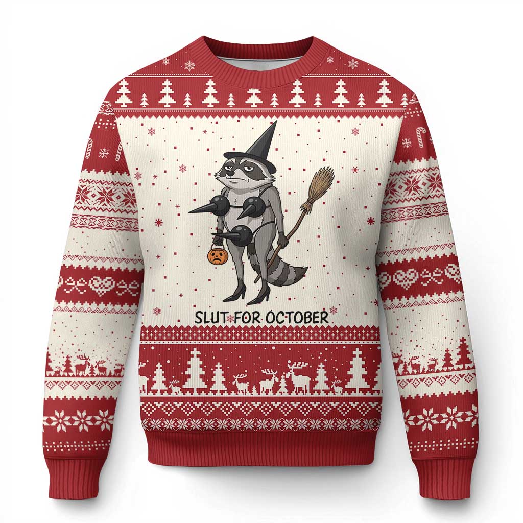 Funny Trashy Raccoon Witch Halloween Ugly Christmas Sweater Slut For October