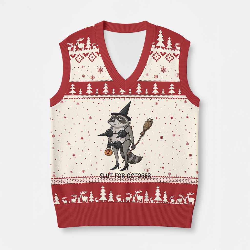 Funny Trashy Raccoon Witch Halloween V-Neck Knit Sweater Vest Slut For October