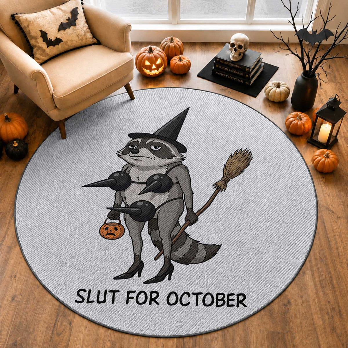 Funny Trashy Raccoon Witch Halloween Round Rug Slut For October