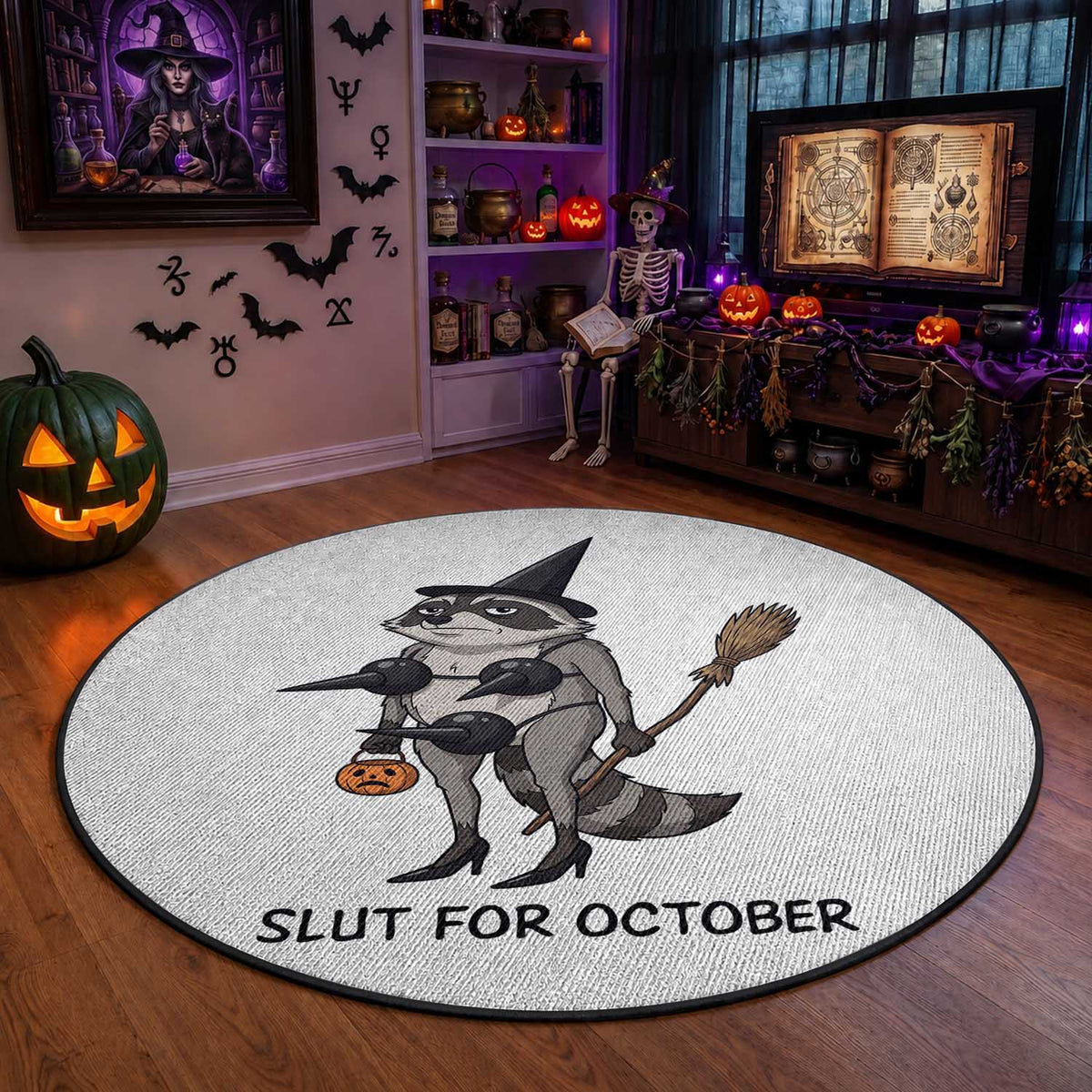 Funny Trashy Raccoon Witch Halloween Round Rug Slut For October