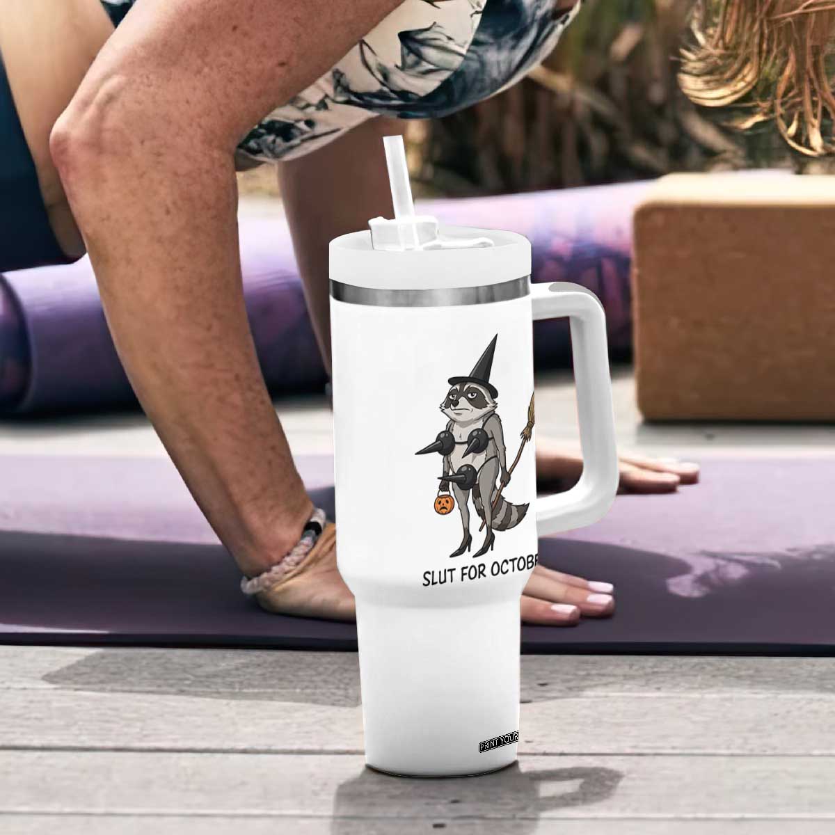 Funny Trashy Raccoon Witch Halloween Tumbler With Handle Slut For October